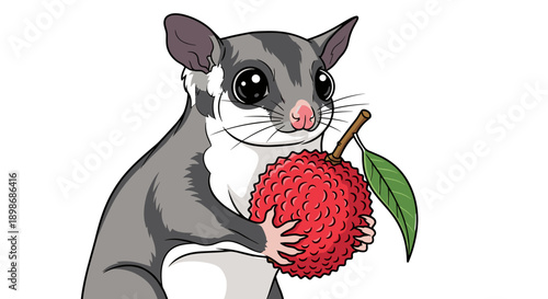Cute Sugar Glider Holding Lychee Fruit Cartoon, Happy Exotic Pet Vector, Adorable Flying Phalanger Graphic Isolated on Transparent Background