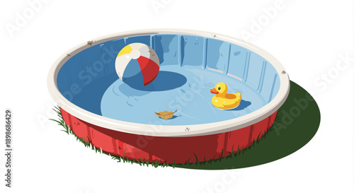 Summer Fun: Inflatable Pool with Duck and Ball, Vector Illustration. Happy Childhood concept isolated on transparent background. Playtime and Relaxation