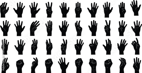 Vector, black, silhouette, illustration, set, of, various, hand, gestures, including, counting, fingers, and, palms, for, communication, sign, language, and, body, language, design, symbols