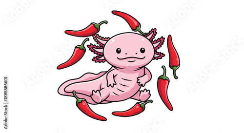 Cute Axolotl Cartoon Character Surrounded by Red Chili Peppers, Smiling Amphibian Isolated on Transparent Background, Vector Illustration for Spicy Food or Mexican Themes