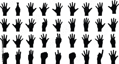Vector, black, silhouette, illustration, set, of, various, hand, gestures, including, counting, fingers, and, palms, for, communication, sign, language, and, body, language, design, symbols