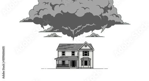 Unsafe House Vector with Ominous Storm Cloud, Bad Weather Concept, Anxiety, Isolated on transparent background, Mortgage Crisis, Risk, Disaster Illustration