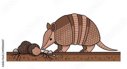 Armadillo Sniffing Truffle, Underground Delicacy, Vector Illustration for Foodie Fun, Wildlife Conservation - Isolated on transparent background