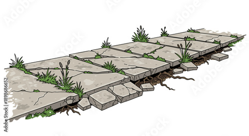 Broken Concrete Pathway with Wild Grass Cartoon Illustration, Aging and Neglect, Nature Reclamation, isolated on transparent background. Vector Graphic Element.