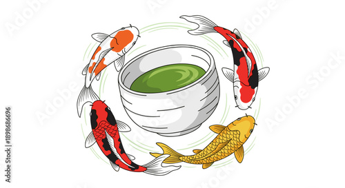 Japanese Koi Fish with Matcha Tea Bowl, Asian Zen Garden Concept, Symbol of Peace and Harmony. Creative Vector Illustration isolated on transparent background.