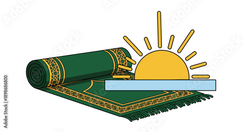 Islamic Prayer Mat and Sunrise - Muslim Worship Vector Graphic, Ramadan Kareem Symbolism, Eid Mubarak, Isolated on transparent background, Religious Tradition