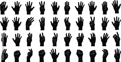 Vector, black, silhouette, illustration, set, of, various, hand, gestures, including, counting, pointing, and, fist, signs, for, communication, language, and, human, interaction, design