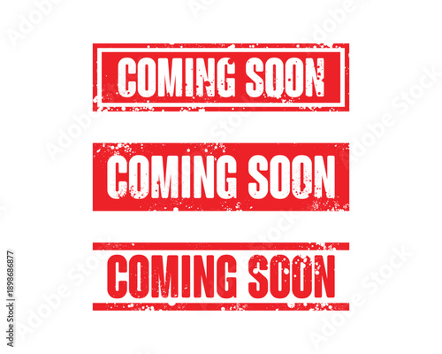 Three red coming soon stamps isolated on transparent background