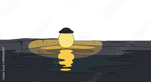 Moody Street Lamp Vector Illustration, Reflecting in Puddle, Isolated on transparent background. Loneliness, Urban Night Concept, Modern Flat Design Style