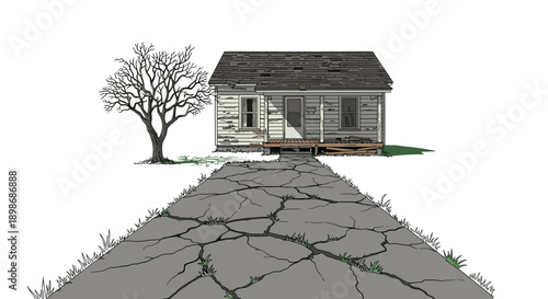 Old Abandoned House Vector Illustration: Creepy, Lonely Dwelling with Dead Tree, Cracked Roadway, and Isolated on Transparent Background for Architectural Visualization & Horror Themes