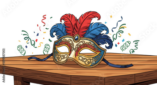 Ornate Carnival Mask with Feathers on a Table, Vector Illustration, Party Celebration, Mysterious Disguise, Isolated on transparent background