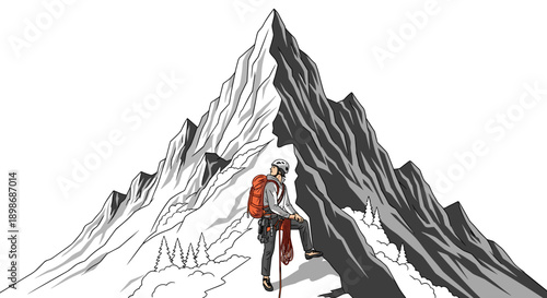 Mountain Climber Vector: Achieving Goals, Exploring Nature & Conquering Challenges, isolated on transparent background. Success Illustration for Adventure Seekers.