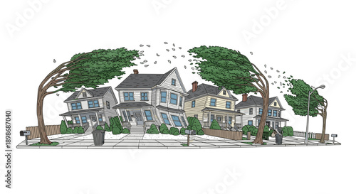 Cartoon Neighborhood in Extreme Weather, Windstorm Damage, Houses and Trees Bending, Insurance Concept, Isolated on transparent background, Vector Illustration.