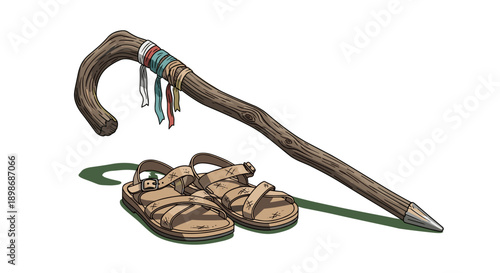 Pilgrim's Staff and Sandals Illustration: Camino de Santiago, Hiking Equipment Symbol, Authentic Walking Stick with Ribbons, Isolated on transparent background