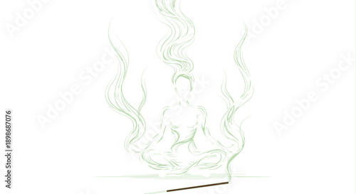 Serene Woman in Lotus Position Meditating with Incense Smoke, Calming Yoga Illustration, Mindfulness and Wellness Vector, isolated on transparent background.