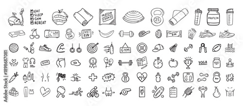 Fitness, sport and health icons doodle hand drawn set. Healthy lifestyle isolated symbols