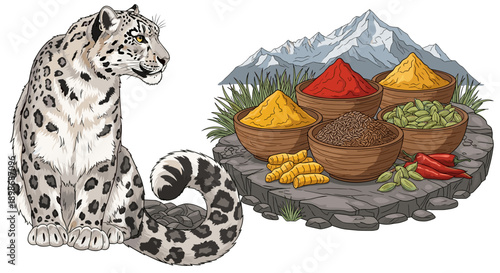 Majestic Snow Leopard Guarding Aromatic Spices of the Himalayas. Vector illustration, culinary spice concept isolated on transparent background for menu design.