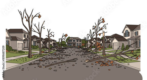 Aftermath of a Hurricane: Damaged Suburban Street with Fallen Trees, Illustration of Storm Damage in a Community, Dramatic Scene Isolated on Transparent Background
