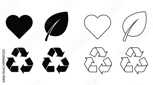 Heart leaf and recycle symbols in black and white a graphic silhouette