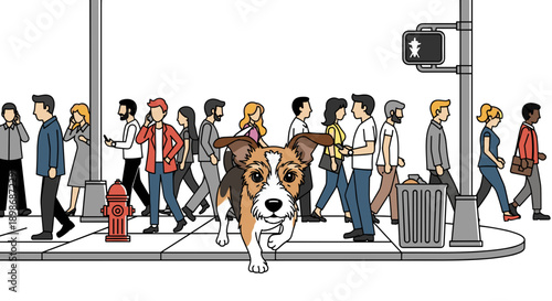 Joyful Dog Running Towards Camera on City Sidewalk with Pedestrians, a Symbol of Urban Life and Happiness, Isolated on transparent background, Perfect for Pet and Lifestyle Designs