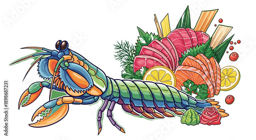 Playful Mantis Shrimp Sushi Combo Vector Graphic. Seafood Fusion Illustration with Vibrant Colors, isolated on transparent background. Exotic Culinary Artwork Design Element.