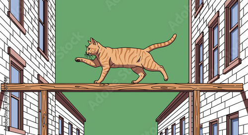 Cartoon Cat Walking on Wood Plank Between Buildings, Isolated on Transparent Background. Comic Orange Tabby Balancing Act Vector Illustration.