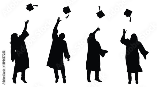 Celebrating graduation with joyful tossing of caps a black silhouette