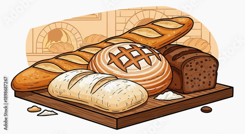 Assorted bread loaves displayed on a wooden cutting board with various textures and crumbs scattered around.