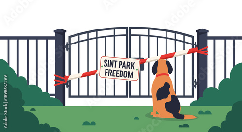 Sad Dog at Closed Park Gate - Lockdown Restriction Illustration - Freedom Symbolism, Pets Missing Outdoors, Depressed Animal, isolated on transparent background