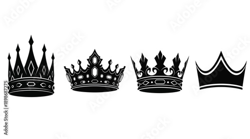 Four ornate crowns displayed in a stark black silhouette