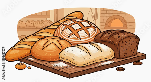 Assorted breads displayed on a wooden cutting board in a bakery environment from a high viewpoint