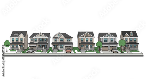 Dream Homes: Suburban Neighborhood Street with Houses and Cars, Realty Concept, Housing Market, Vector Illustration, isolated on transparent background.