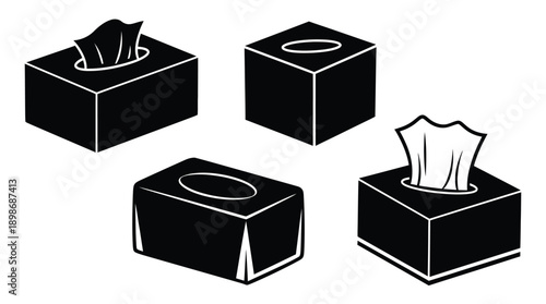 Black and white tissue box icons in various perspectives silhouette