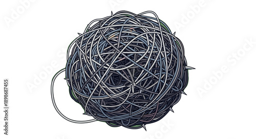 Tangled Barbed Wire Ball: Abstract Frustration & Danger Symbolism - Intricate Sharp Wire Structure Isolated on Transparent Background. Vector Illustration.
