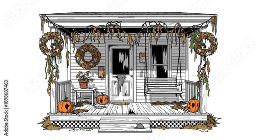 Creepy Abandoned House Vector Illustration: Haunted Home, Derelict Cottage with Pumpkins, Isolated on transparent background. Scary Halloween Scene.