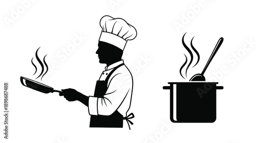 A chef preparing food with cooking utensils a striking silhouette
