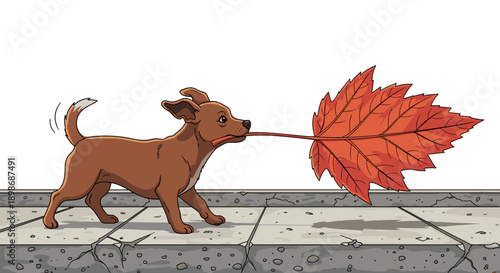 Happy Puppy Dog Carrying an Autumn Leaf, Vector Illustration. Cheerful Pet Walking with Fall Foliage in Mouth, Cutout Image isolated on transparent background