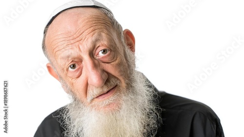 Elderly man with a long white beard and a white skullcap tilting his head to the side. Concept Elderly man portrait with long white beard and white skullcap, Head tilted to the side
