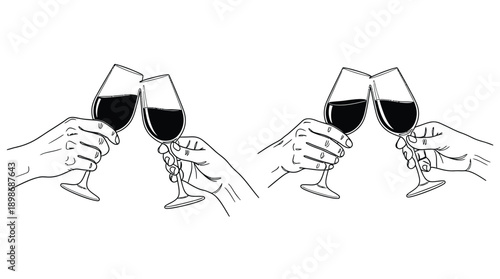 Four hands clinking wine glasses in a celebratory toast silhouette