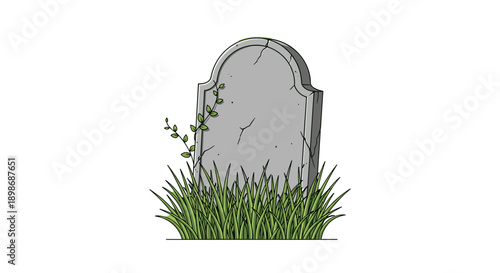 Cartoon Gravestone in Green Grass - Halloween Death & Cemetery Concept - Weathered Tombstone Graphic Element, Stone Memorial Isolated on transparent background.