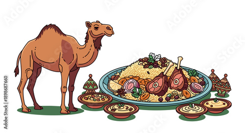 Cartoon Camel with Kabsa Dish Vector Illustration, Arabian Cuisine, Festive Celebration - Isolated on transparent background, Middle Eastern Food Design Element.