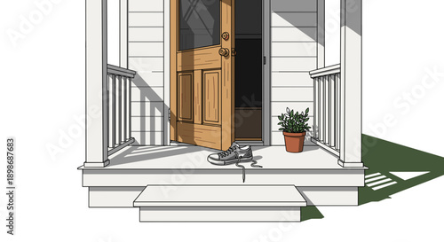 Forgotten Sneaker on Porch Cartoon - Lost and Found, House Entrance, Open Doorway, Domestic Scene, Vector Art, isolated on transparent background.