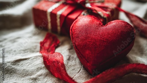 Red velvet heart and a small gift box with ribbon on soft fabric, a romantic Valentine’s Day scene. Concept Valentine's Day Romance, Red Velvet Heart, Gift Box with Ribbon, Soft Fabric Backdrop