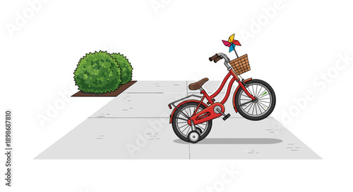 Kids Red Bicycle Illustration, Pinwheel in Basket, Learning to Ride with Training Wheels, Represents Childhood Innocence, isolated on transparent background