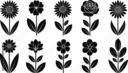 Set of ten minimalist flower silhouette icons featuring sunflower rose and daisy vector illustrations isolated on white background for botanical logo design projects