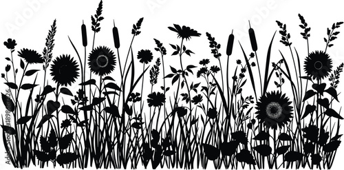 Detailed black vector silhouette illustration of wild meadow field featuring tall grass sunflowers and cattails isolated on white background for nature border design