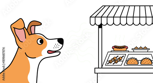 Cartoon Dog Smelling Delicious Street Food. Happy Pet Sniffing Hotdog at Food Stand Isolated on Transparent Background. Cute Hungry Canine Aroma Illustration
