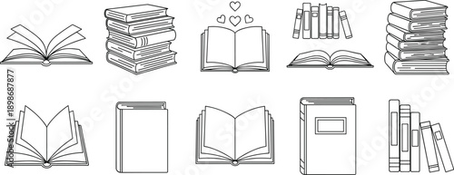 Mega set of minimalist book line art icons featuring open pages stacked textbooks library shelves and heart symbols isolated on white background for education design