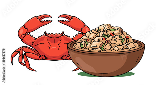 Funny Cartoon Crab Offering Bowl of Fresh Tofu Salad. Healthy Eating Concept, Gourmet Seafood, Isolated on transparent background. Culinary Delight, Restaurant Menu.