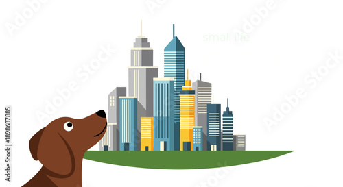 Happy Dog in Big Cityscape Vector Illustration, Modern Metropolis Skyline with Pet Friend, Dreamy Urban Lifestyle Concept isolated on transparent background